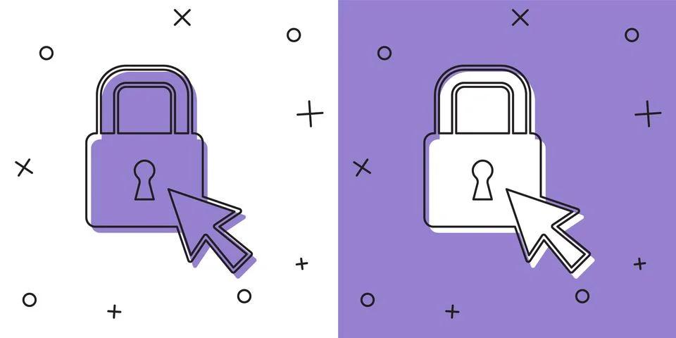 Set Lock icon isolated on white and purple background. Padlock sign. Security Illustrazione stock