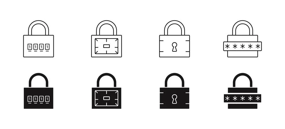 Set of lock icons. Security system, open and closed lock symbol. Illustrazione stock