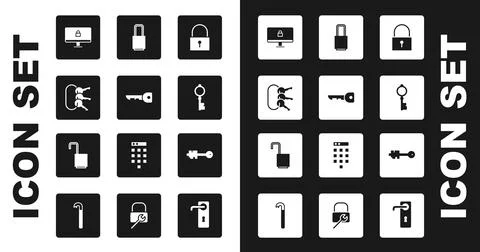 Set Lock, Key, Bunch of keys, on computer monitor, Old, and Open padlock icon Stock Illustration