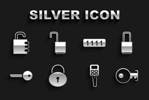 Set Lock, Key, Car key with remote, Password protection, Safe combination lock Stock Illustration