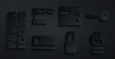 Set Lock, Key, card, Create account screen, House intercom system and Marked  Illustrazione stock