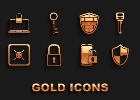 Set Lock, Key, Shield, Smartphone with closed padlock, Safe, cyber security Stock Illustration