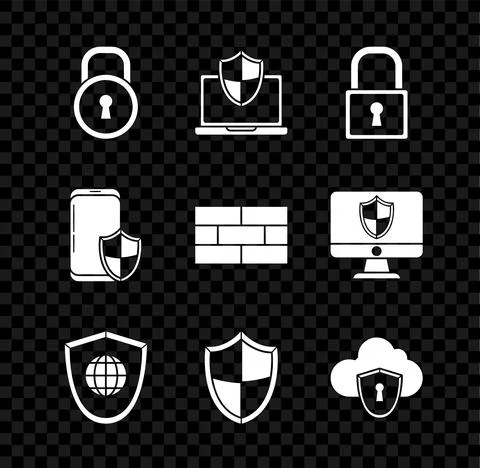 Set Lock, Laptop protected with shield, Shield world globe, Cloud and 스톡 일러스트