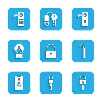 Set Lock, Locked key, picks for lock picking, Crowbar, Mobile with fingerprint Stock Illustration