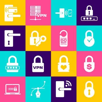 Set Lock, Money lock, Padlock with clock, Digital door wireless, and key and Illustrazione stock