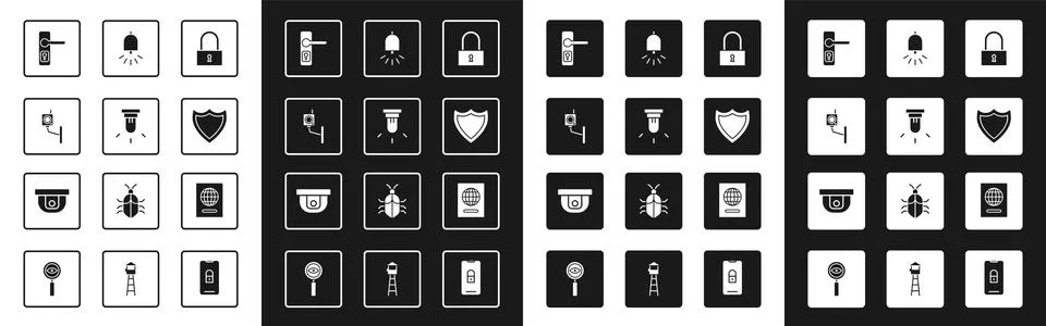 Set Lock, Motion sensor, Security camera, Door handle, Shield, Ringing alarm Stock Illustration