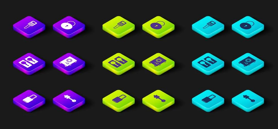 Set Lock, Old key, Casting keys, Safe,  and Car with remote icon. Vector Stock Illustration