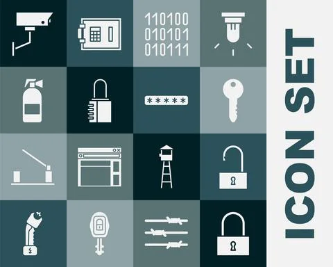 Set Lock, Open padlock, Key, Binary code, Safe combination, Fire extinguisher Ilustración de archivo