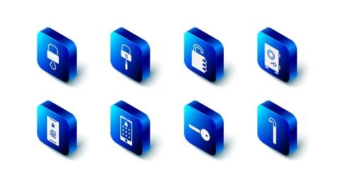 Set Lock picks for lock picking, Safe combination, Crowbar, Key, Mobile and Stock Illustration