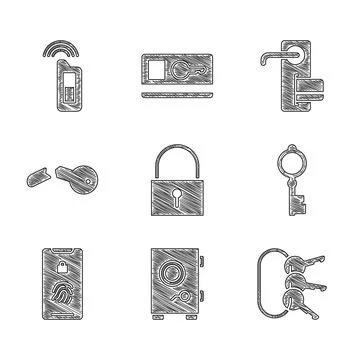 Set Lock, Safe, Bunch of keys, Old, Mobile with fingerprint scan, Broken Stock Illustration