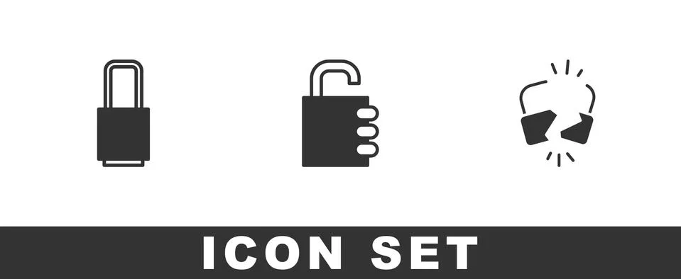 Set Lock, Safe combination lock and Broken or cracked icon. Vector Illustrazione stock