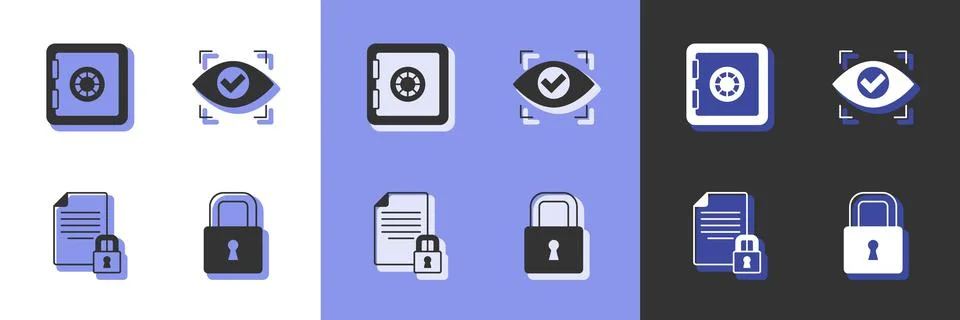 Set Lock, Safe, Document and lock and Eye scan icon. Vector Illustrazione stock