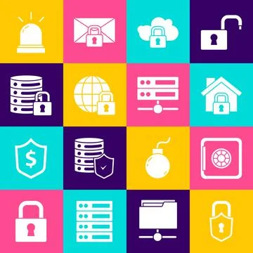 Set Lock, Safe, House under protection, Cloud computing lock, Global lockdown Stock Illustration