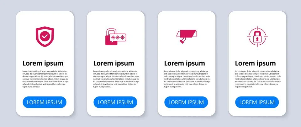 Set Lock, Security camera, Cyber security and Shield with check mark. Business Stock Illustration