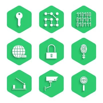 Set Lock, Security camera, Magnifying glass Search, Car key with remote, Parking Stock Illustration