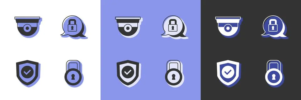 Set Lock, Security camera, Shield with check mark and icon. Vector Stock Illustration