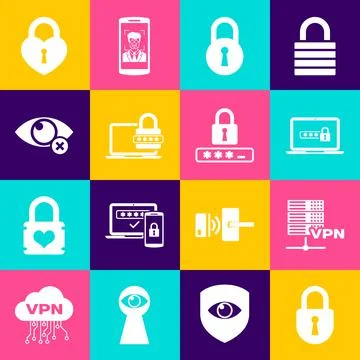 Set Lock, Server VPN, Laptop with password, , and Invisible hide icon. Vector Stockillustratie