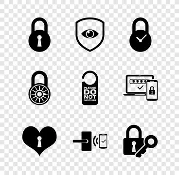 Set Lock, Shield and eye, Padlock with clock, Heart keyhole, Digital door w.. Illustrazione stock