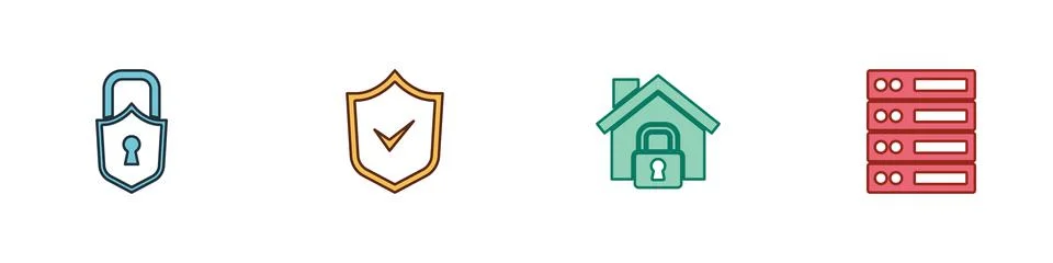 Set Lock, Shield with check mark, House under protection and Server, Data, Web Stock Illustration