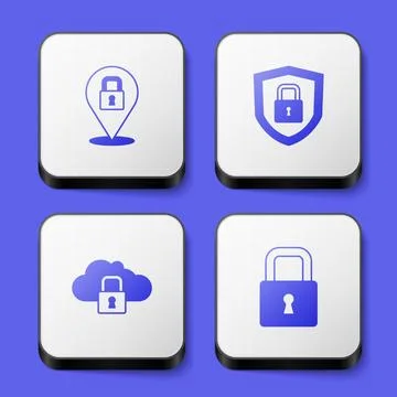 Set Lock, Shield security with lock, Cloud computing and icon. White square 库存插图