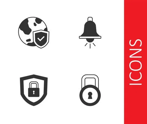 Set Lock, Shield with world globe, security lock and Ringing alarm bell icon Stock Illustration