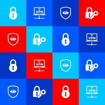 Set Lock, VPN Computer network, Shield and eye and key icon. Vector Stockillustratie