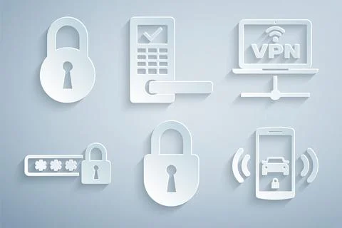 Set Lock, VPN Computer network, Password protection, Smart car alarm system.. Stock Illustration
