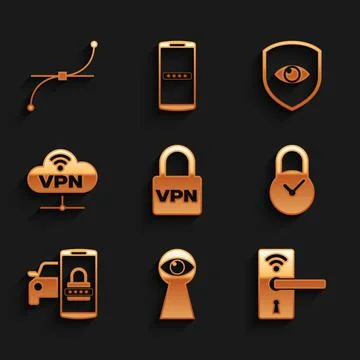 Set Lock VPN, Keyhole with eye, Digital door lock wireless, Padlock clock, Smart Ilustración de archivo
