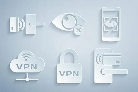 Set Lock VPN, Mobile and eye scan, Network cloud connection, Digital door l.. Stock Illustration