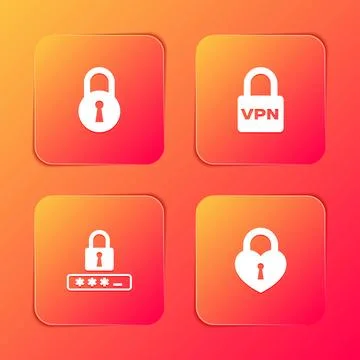 Set Lock, VPN, Password protection and Castle in the shape of heart icon. Vec Stock Illustration