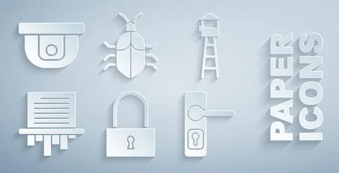 Set Lock, Watch tower, Paper shredder, Door handle, System bug concept and Illustration