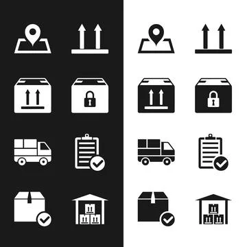 Set Locked package, Cardboard box with traffic, Placeholder on map, This side up イラスト素材