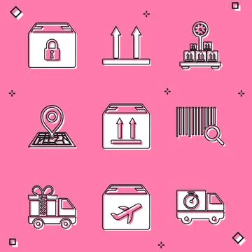 Set Locked package, This side up, Scale with cardboard box, Placeholder on map Stock Illustration