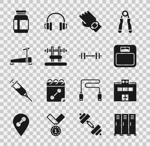 Set Locker or changing room, Gym building, Bathroom scales, Smart watch on hand Stock Illustration