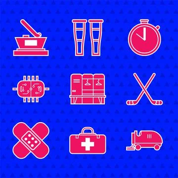 Set Locker or changing room, First aid kit, Ice resurfacer, hockey sticks Stock Illustration