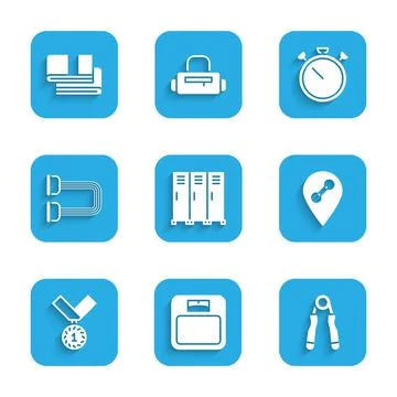 Set Locker or changing room, Bathroom scales, Sport expander, Location gym Stock Illustration