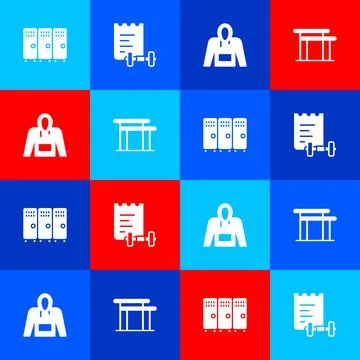 Set Locker or changing room, Sport training program, Hoodie and Uneven bars icon Stock Illustration