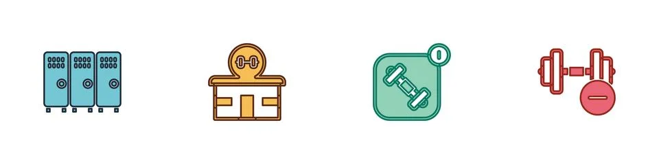 Set Locker or changing room, Gym building, Fitness app and Dumbbell icon. V.. Ilustración de archivo