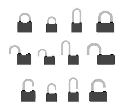 Set of locks in open and closed position in black white style on a white back Illustrazione stock