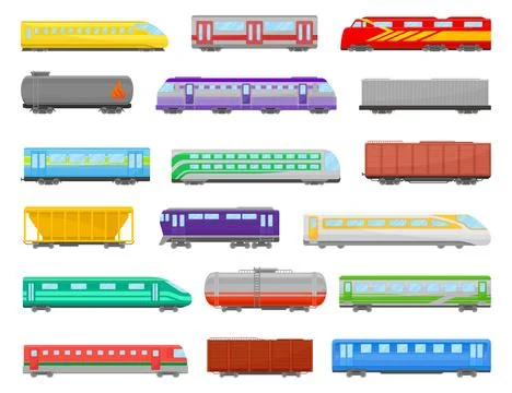 Set of locomotives and freight train with wagons, tanks, cisterns. Railway Stock Illustration