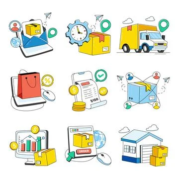 Set of Logistic and Cargo Doodle Icons Stock Illustration