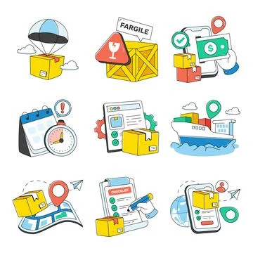 Set of Logistic and Shipment Doodle Icons Stock Illustration