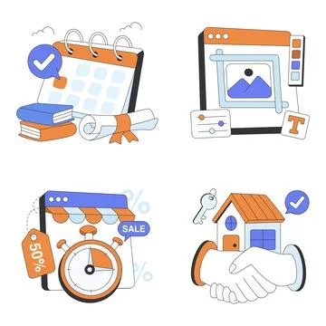 Set of Logistic, Security and Estate Flat illustrations Ilustración de archivo