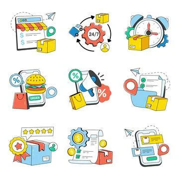 Set of Logistic, Shipment and Cargo Doodle Icons Stock Illustration
