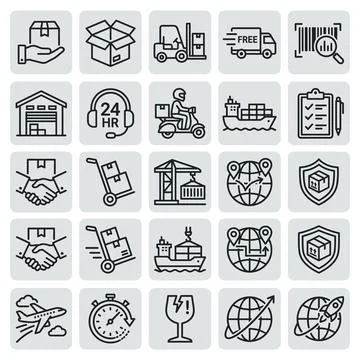 Set of logistics and delivery service icons including hand holding package,.. Stock Illustration