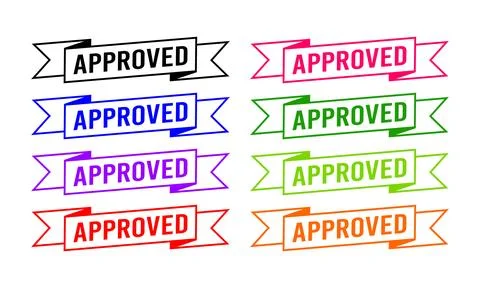 Set of logo and text APPROVED on a ribbon. Multicolor APPROVED sign. Stock Illustration