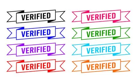 Set of logo and text VERIFIED on a ribbon. Multicolor VERIFIED sign. Stock Illustration