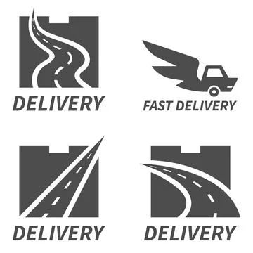Set of logos for delivery. Logo box and in it the way. Car logo with wings. Stock Illustration