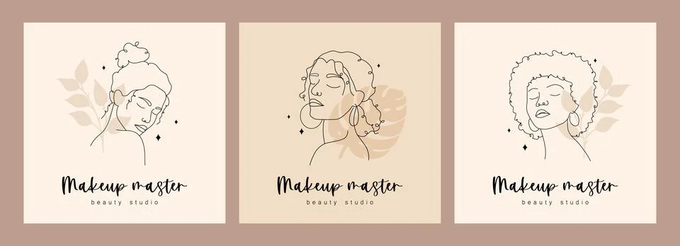 Set of logos design for beauty studio or makeup artist. Abstract woman faces Stock Illustration
