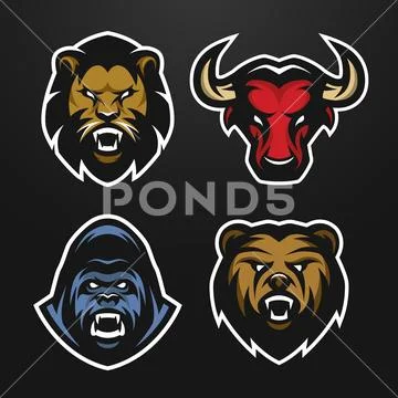 Set logos. Lion, Bull, Gorilla, Bear. Stock Illustration